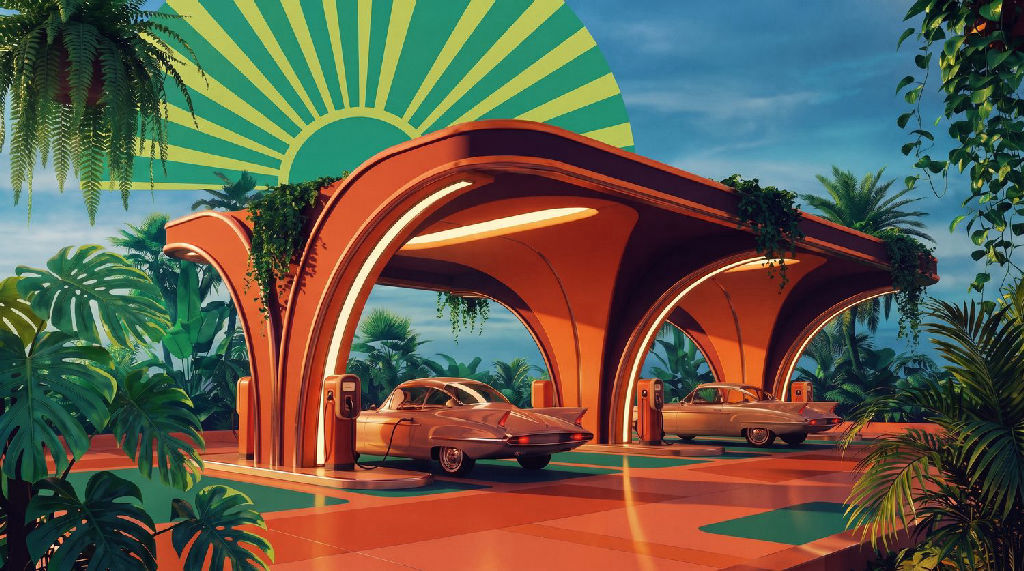 A desert oasis EV charging station under a solar canopy